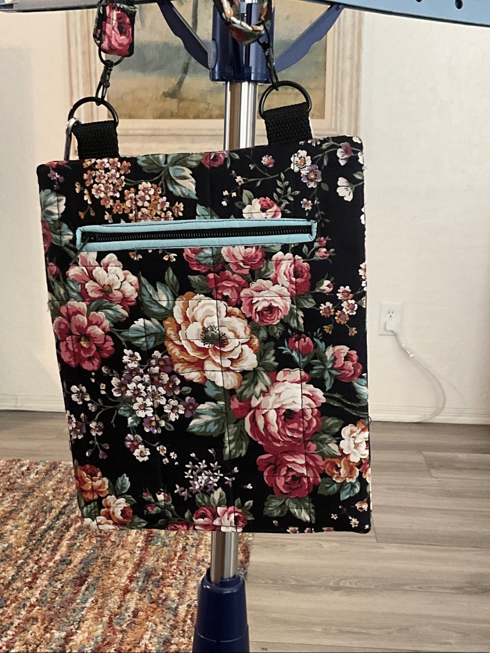Floral Quilted Crossbody Bag with Teal Zipper